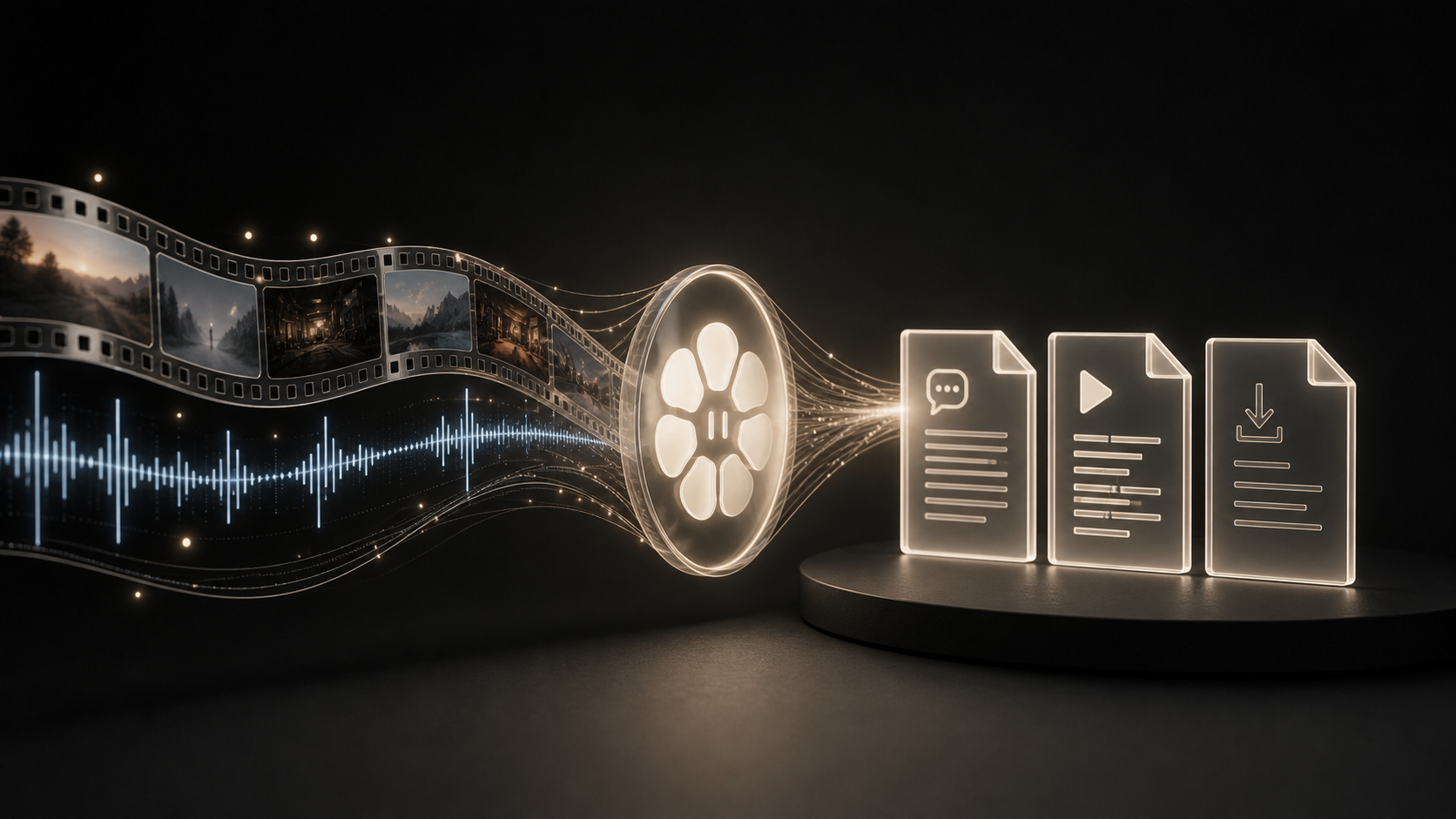 A long video waveform becoming transcript, SRT, and VTT files.