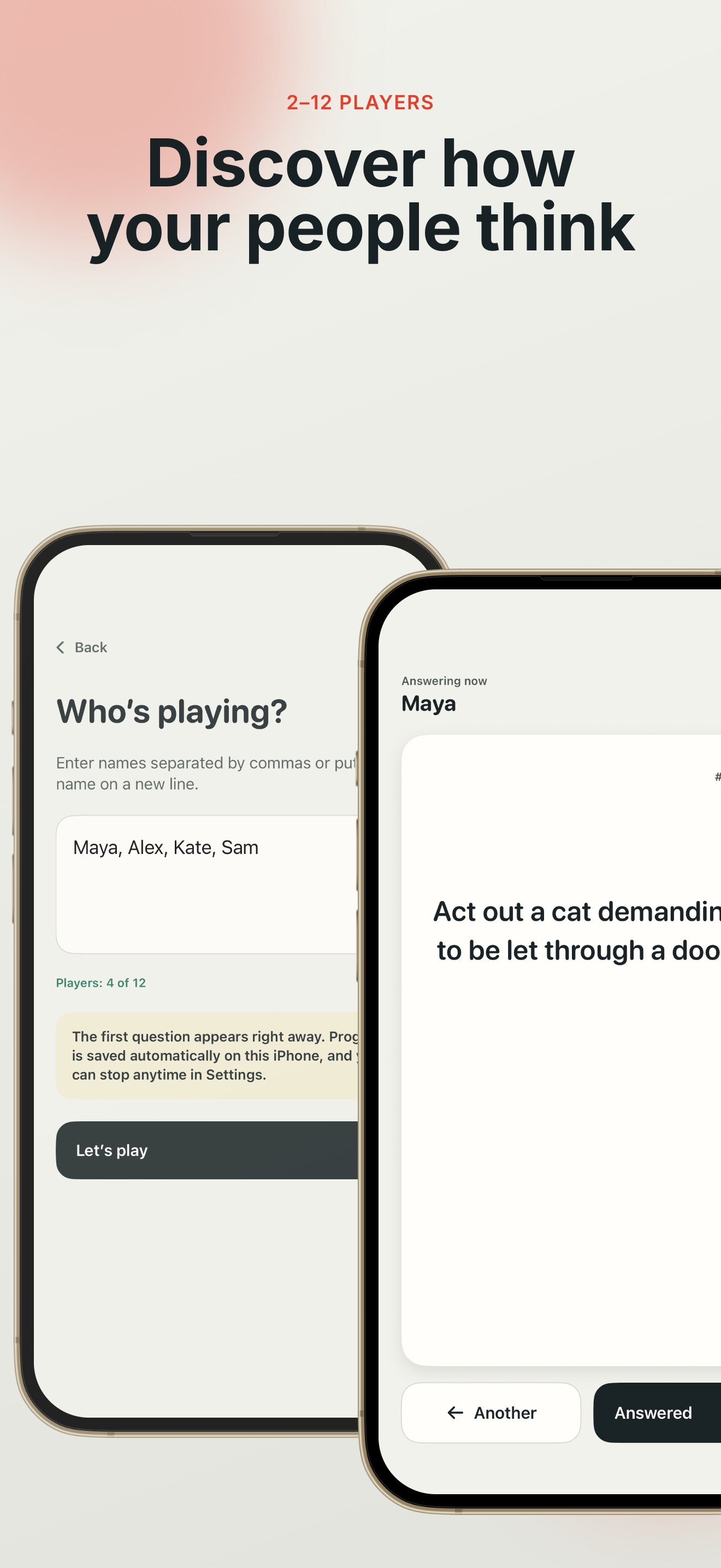 English Say More! screens show player setup and a question on two iPhones.