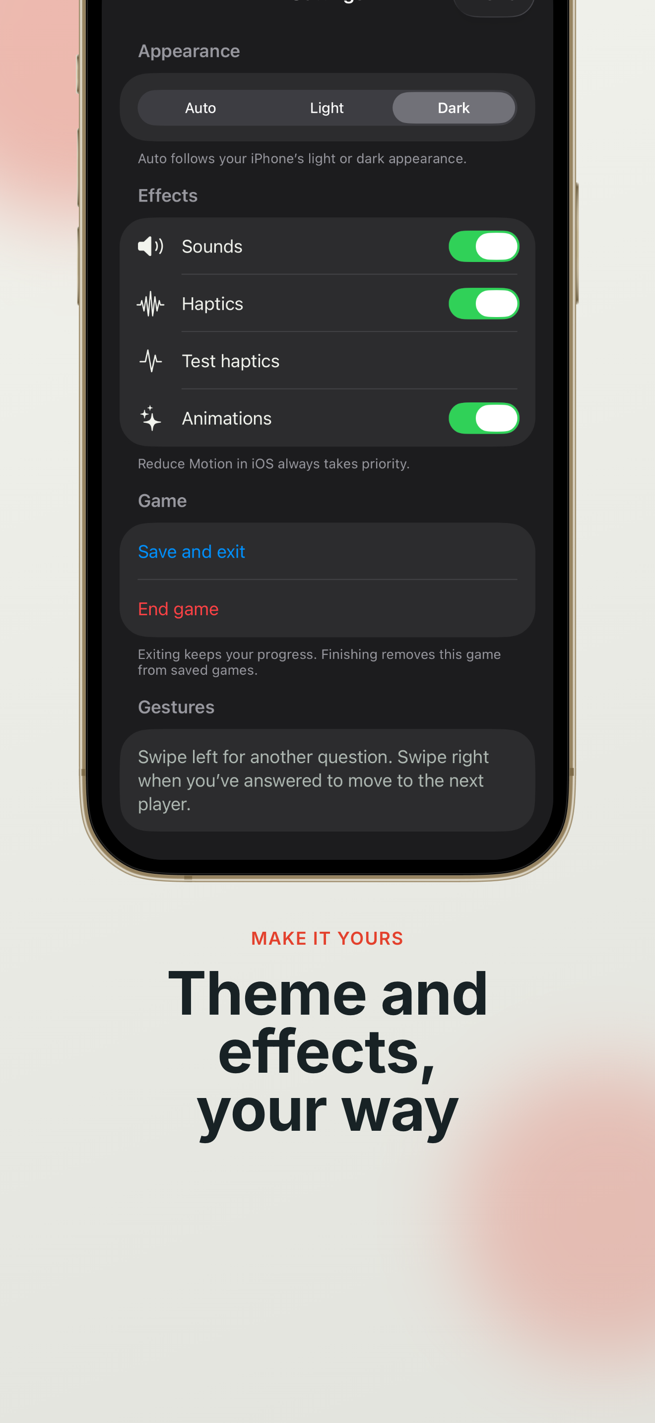 English Say More! settings screen showing appearance and saved-game controls.
