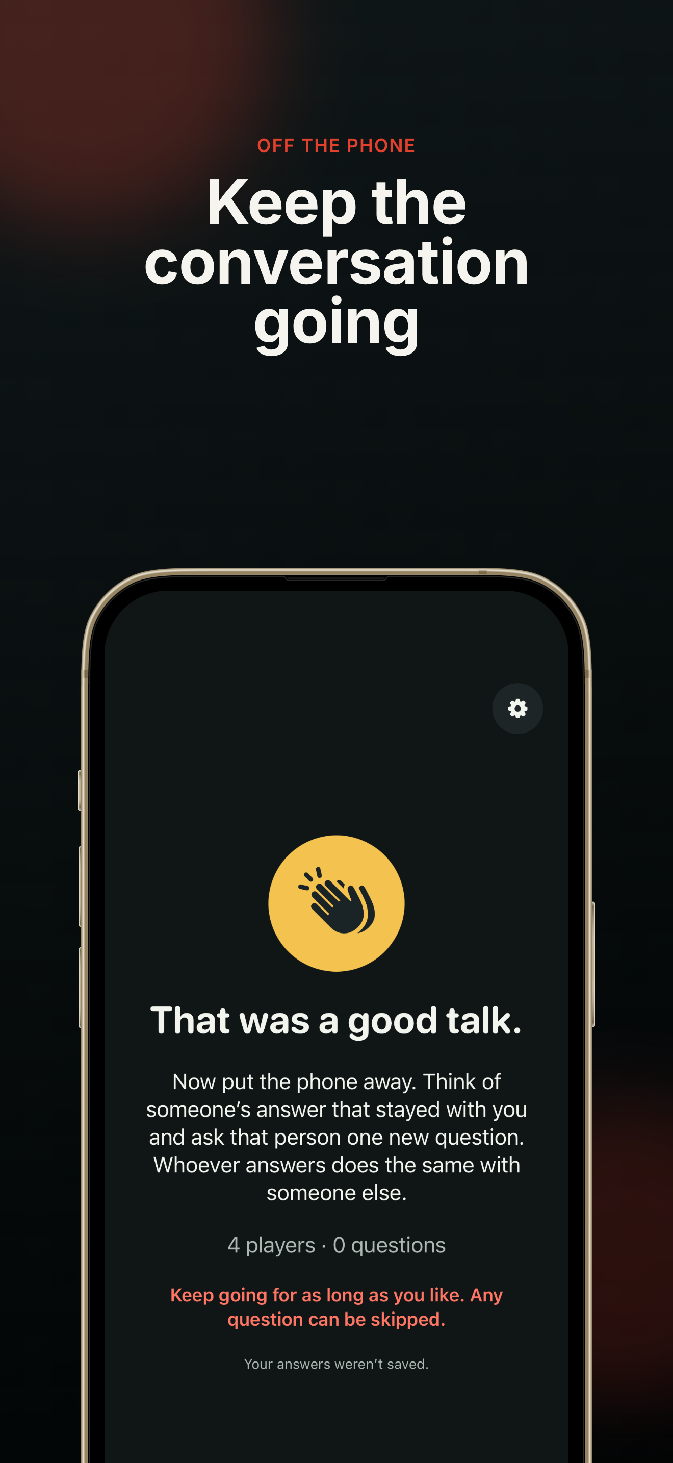 English Say More! finish screen inviting the group to continue talking without the phone.