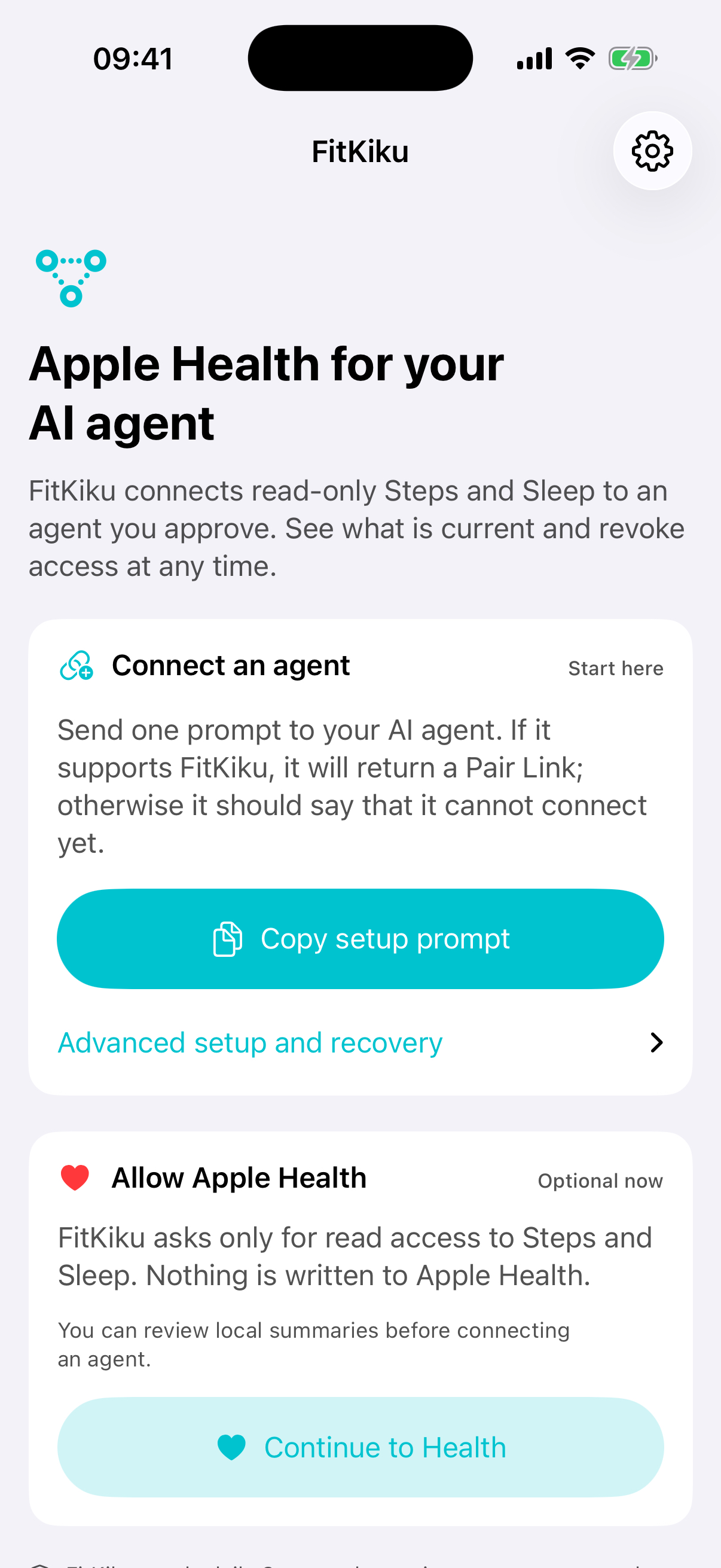 FitKiku on iPhone showing agent connection and read-only Apple Health permission steps