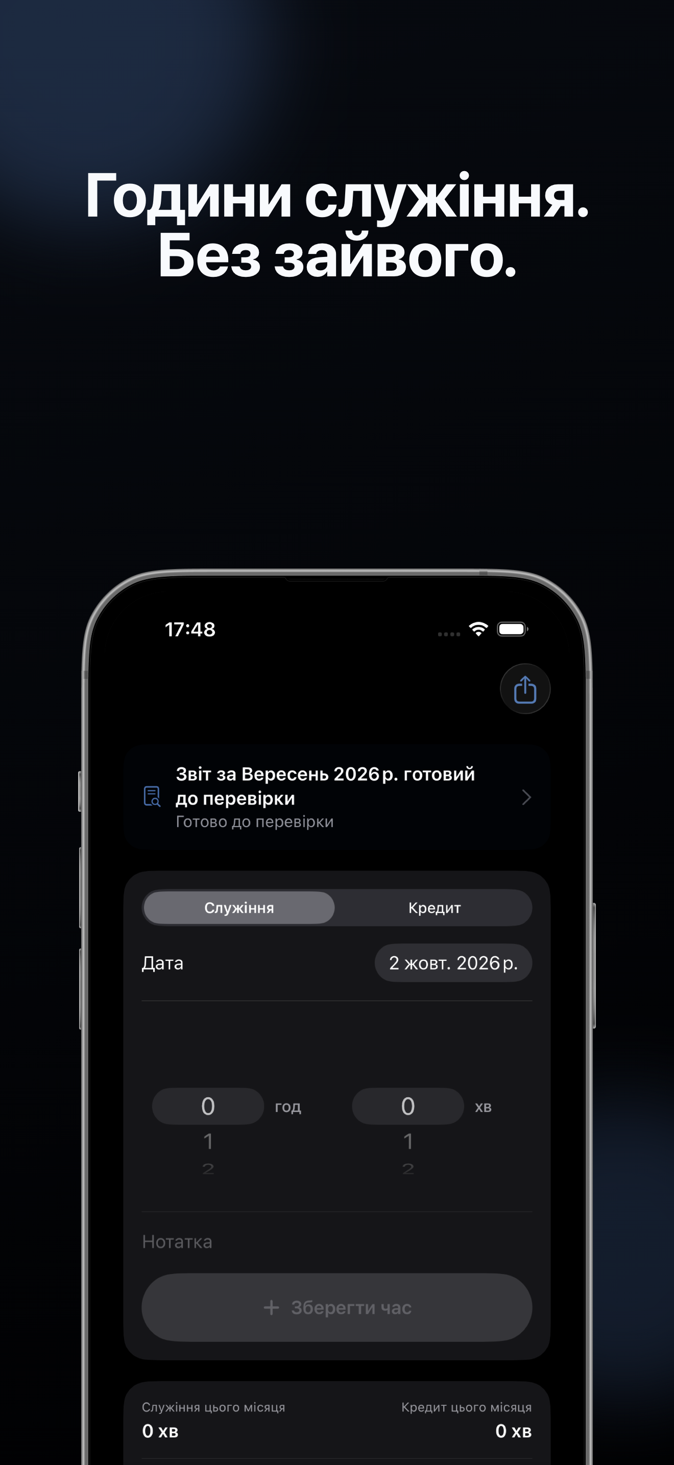Справжній екран Hourleaf українською мовою зі швидким введенням годин служіння