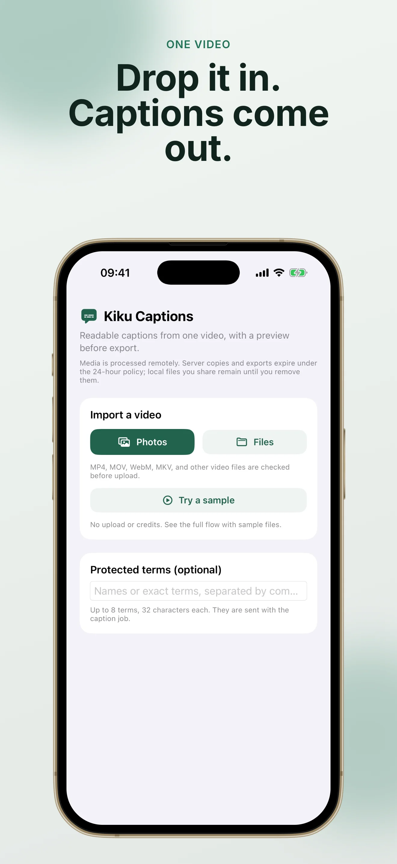 Kiku Captions import screen on iPhone with Photos, Files, sample, and Protected Terms controls
