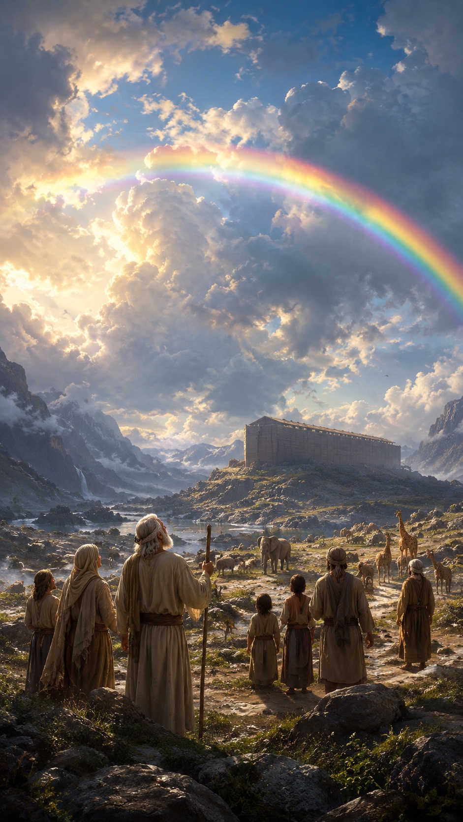 Vertical layered mountain landscape with a rainbow and distant structure